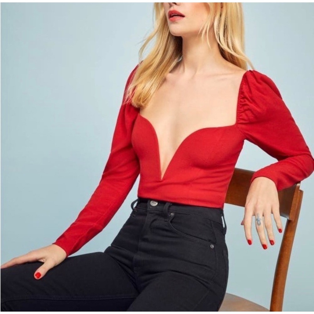 New NWT Reformation Roma Sweetheart Plunge L/S Top Cherry Red Victorian Luxe 12